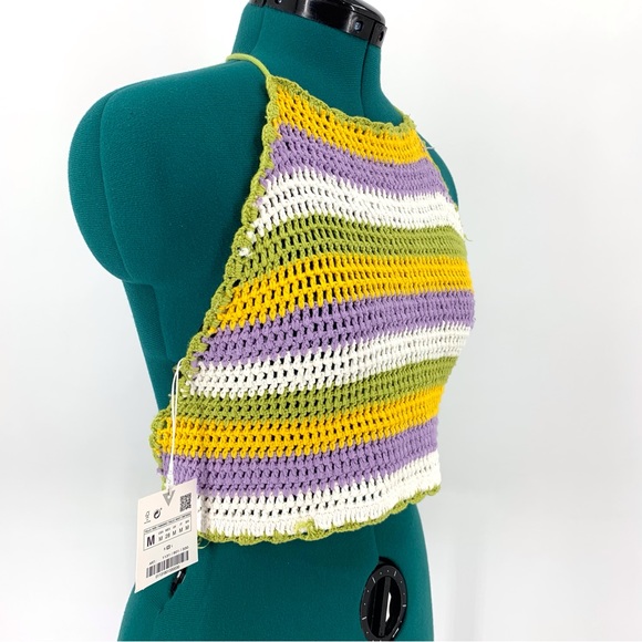 Zara NWT Striped Crochet Backless Halter Top with Ties, Medium - Picture 10 of 15